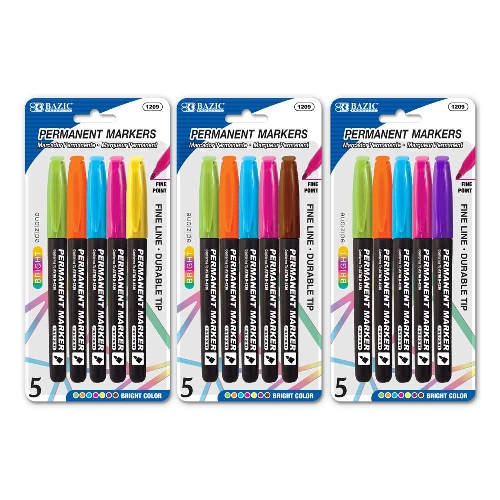 Bazic Fine Tip Varied Bright Assorted Permanent Markers w/ Pocket Clip (5/Pack)