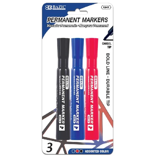 Bazic Chisel Tip Assorted Color Permanent Marker (3/Pack)