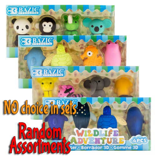 Bazic Assorted Wildlife Adventure 3D Animal Shaped Erasers 4pc Set   ***NO CHOICE IN ANIMALS***
