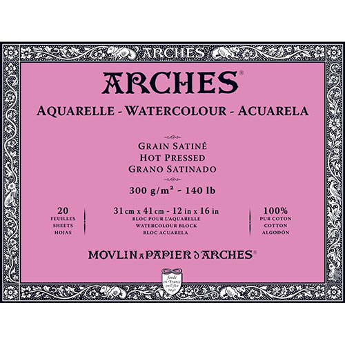 Arches Watercolor Hot Press Block 12" x 16" - (20 Sheets, 140lb)