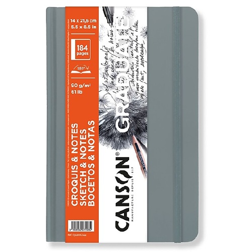 Canson Graduate Sketch & Notes Grey Hard Cover Book 5.5" x 8.5"  (184 pages, 61lb)  CN31200L044