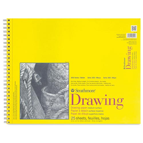 Strathmore 300 Series Drawing Pad 14" x 17" - (25 sheets, 70lb) Bright White, Spiral Bound