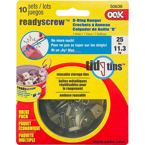 Ook Ready Screw D-Ring Hangers & Tin - (10 Sets) Small