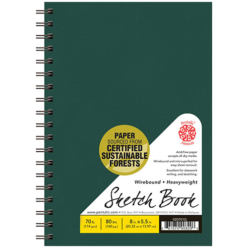 Pentalic Heavyweight Sketch Book 5.5" x 8" - (80 Sheets, 70lb) Wirebound, Green Linen Cover