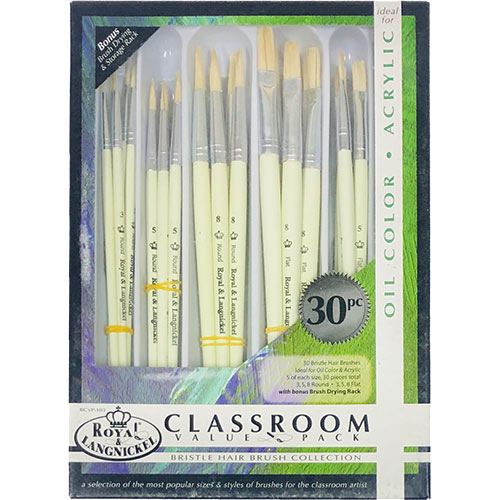 Royal Langnickel Brush Classpack Value Pack - (30 Pack) Bristle Hair for Oil & Acrylic