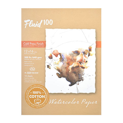 Fluid 100 Cold Press Watercolor Paper Easy-Block 12"  x 16"  (15 Sheets, 300lb)